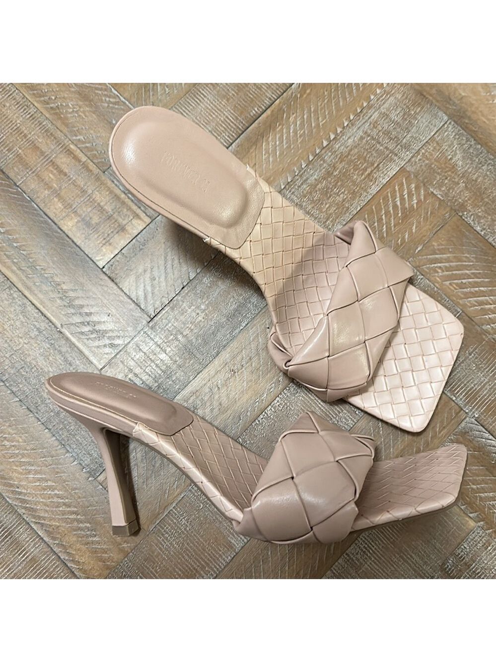 Forever 21 Braided Square Toe Nude Faux Leather Mules Sandals Heels